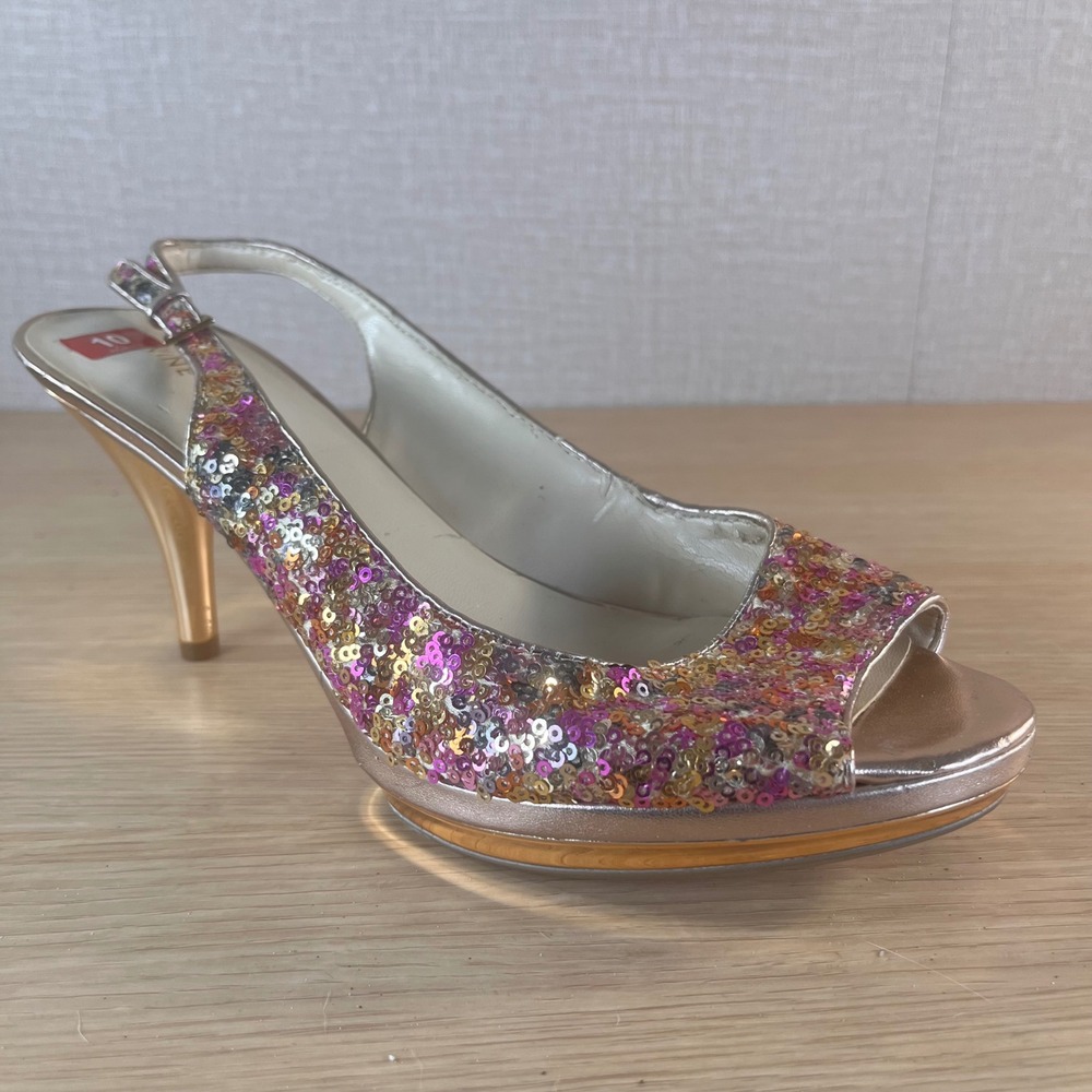 Nine West Sharina Multi Color Sequin Peep Toe Slingback Heels Gold Pink 10M